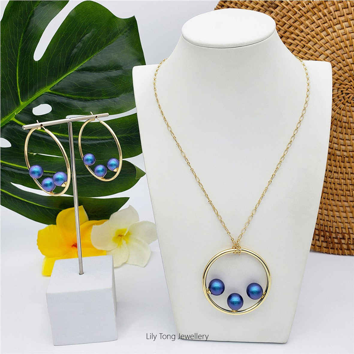 50mm Hoop With 3-Pearl Pendant Necklace & Earrings #SN21 Peacock Blue