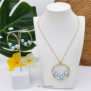 50mm Hoop With 3-Pearl Pendant Necklace & Earrings #SN22 Baby Blue