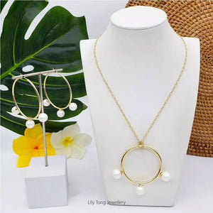 50mm Hoop With 3-Pearl Pendant Necklace & Earrings #SW01 White