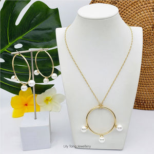 50mm Hoop With 3-Pearl Pendant Necklace & Earrings #SW02 Glossy White