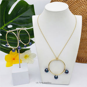 50mm Hoop With 3-Pearl Pendant Necklace & Earrings #SW05 Peacock Black