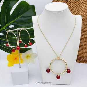 50mm Hoop With 3-Pearl Pendant Necklace & Earrings #SW08 Deep Red