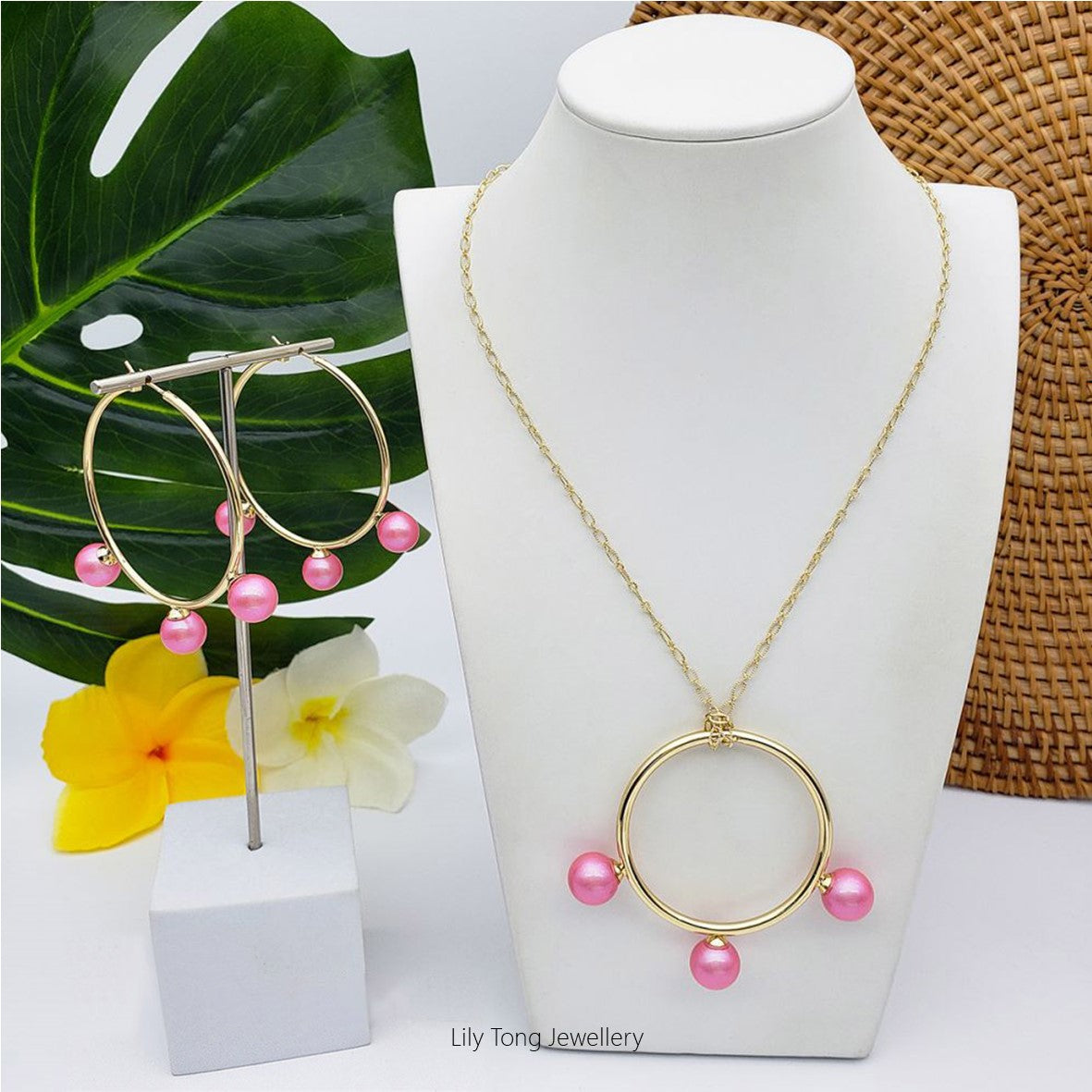 50mm Hoop With 3-Pearl Pendant Necklace & Earrings #SW10 Pink