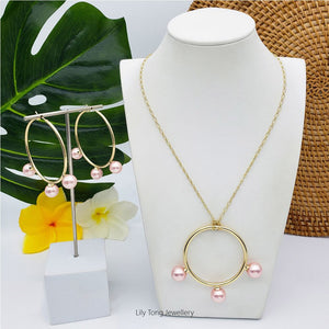 50mm Hoop With 3-Pearl Pendant Necklace & Earrings #SW11 Baby Pink