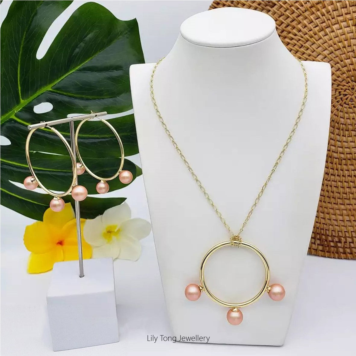 50mm Hoop With 3-Pearl Pendant Necklace & Earrings #SW12 Apricot Pink