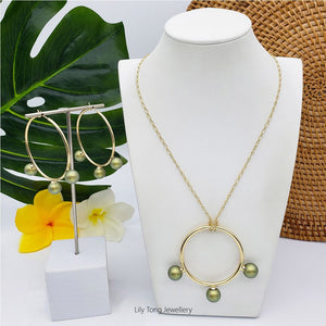 50mm Hoop With 3-Pearl Pendant Necklace & Earrings #SW15 Dark Green