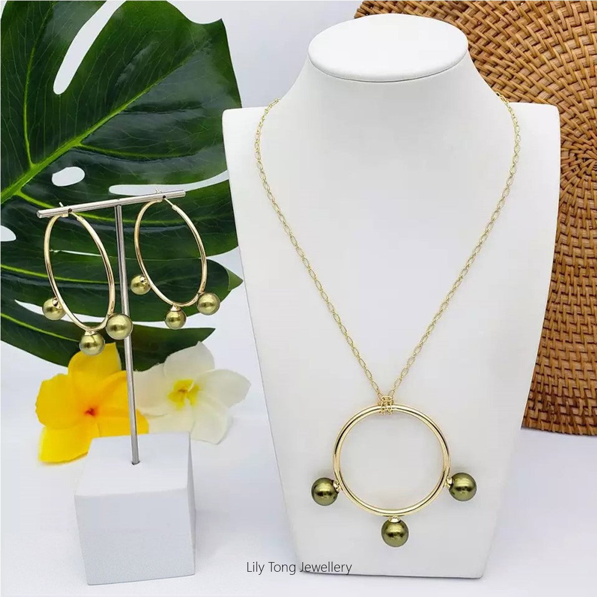 50mm Hoop With 3-Pearl Pendant Necklace & Earrings #SW16 Olive Green