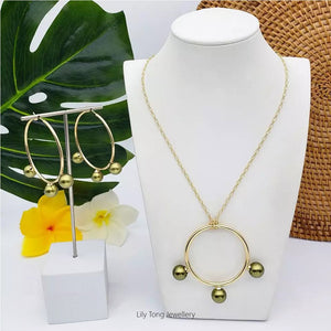 50mm Hoop With 3-Pearl Pendant Necklace & Earrings #SW16 Olive Green