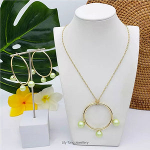 50mm Hoop With 3-Pearl Pendant Necklace & Earrings #SW18 Baby Green