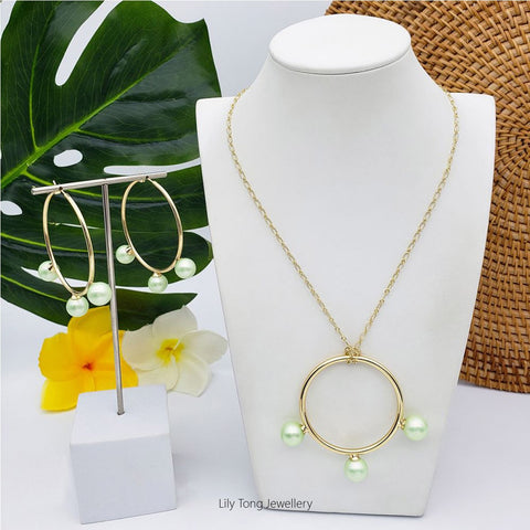 50mm Hoop With 3-Pearl Pendant Necklace & Earrings #SW19 Mint Green