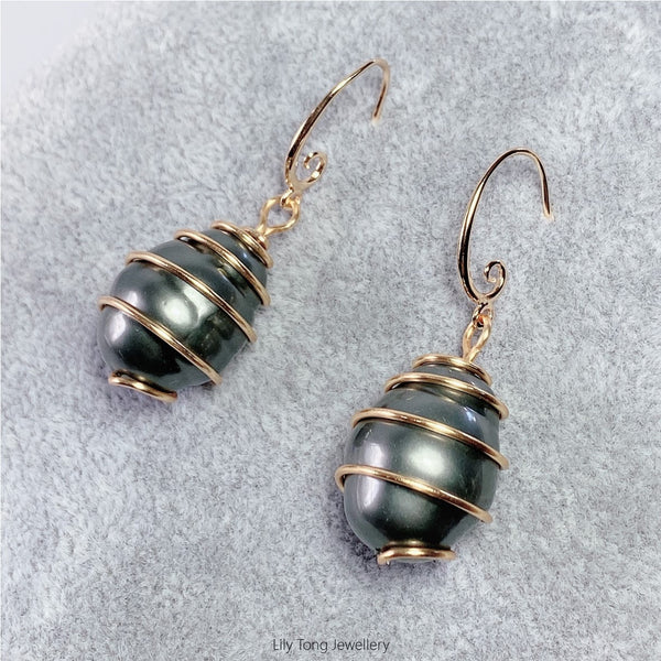 Gold-Filled Spiral Caged Shell Pearl Jewellry Set (Grey)