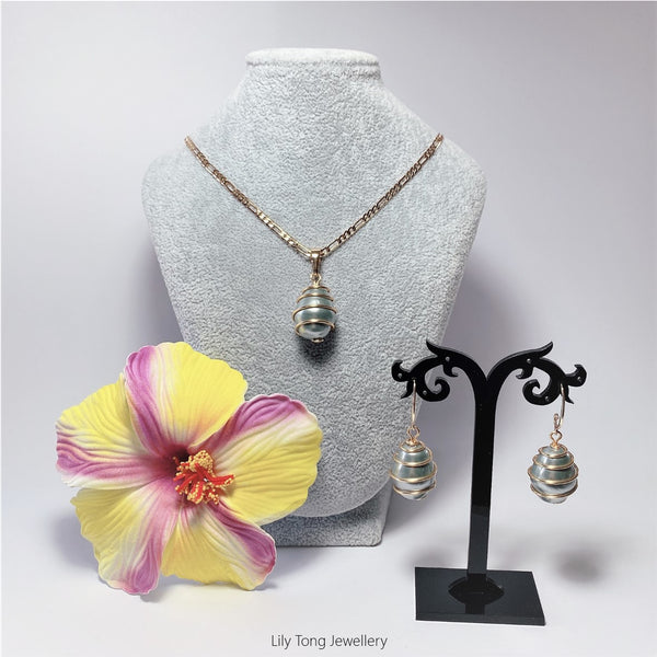 Gold-Filled Spiral Caged Shell Pearl Jewellry Set (Light Grey)