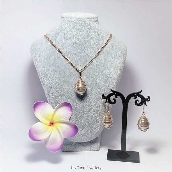 Gold-Filled Spiral Caged Shell Pearl Jewellry Set (Champagne)