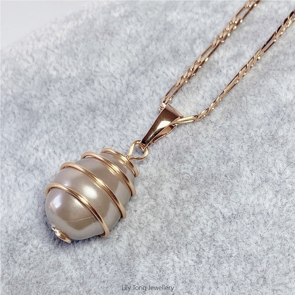 Gold-Filled Spiral Caged Shell Pearl Jewellry Set (Champagne)