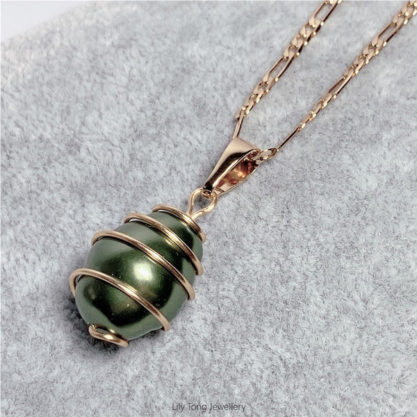 Gold-Filled Spiral Caged Shell Pearl Jewellry Set (Olive)