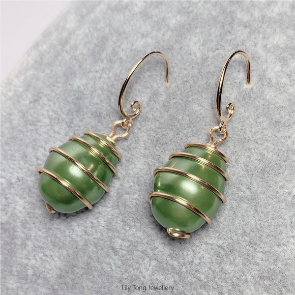 Gold-Filled Spiral Caged Shell Pearl Jewellry Set(Green)