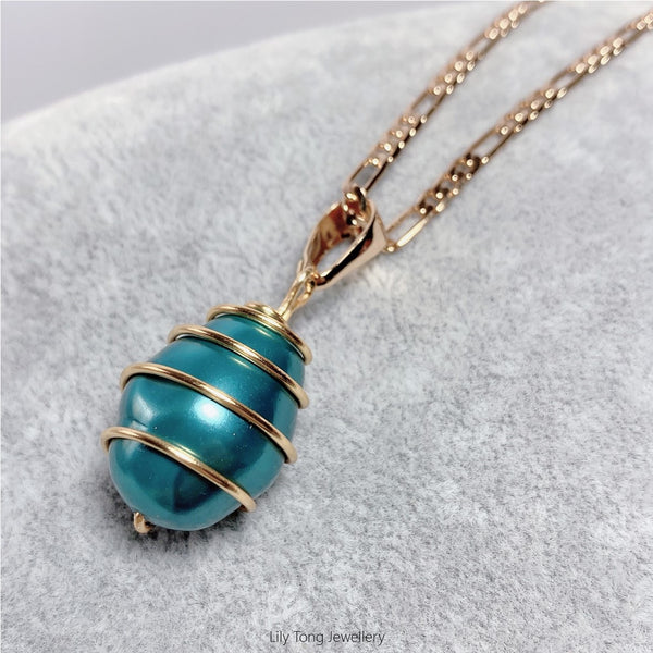 Gold-Filled Spiral Caged Shell Pearl Jewellry Set (Ocean Blue)