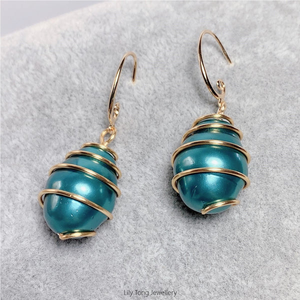 Gold-Filled Spiral Caged Shell Pearl Jewellry Set (Ocean Blue)