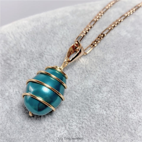 Gold-Filled Spiral Caged Shell Pearl Pendant Necklace (Ocean Blue)