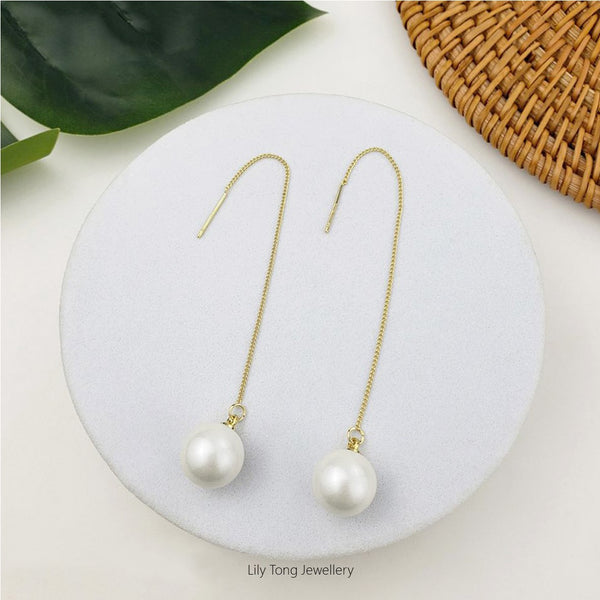 12mm Shell Pearl Drop Threader Earrings #T101 White