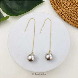 12mm Shell Pearl Drop Threader Earrings #T103 Silver Grey