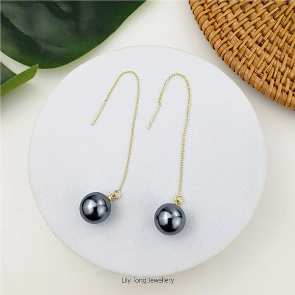 12mm Shell Pearl Drop Threader Earrings #T104 Dark Grey