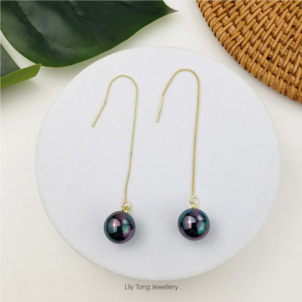 12mm Shell Pearl Drop Threader Earrings #T105 Peacock Black