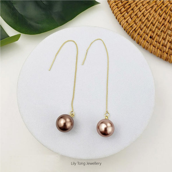 12mm Shell Pearl Drop Threader Earrings #T106 Light Brown