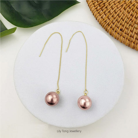 12mm Shell Pearl Drop Threader Earrings #T107 Cream Rosy Brown