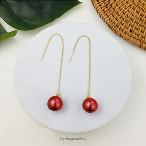 12mm Shell Pearl Drop Threader Earrings #T108 Deep Red