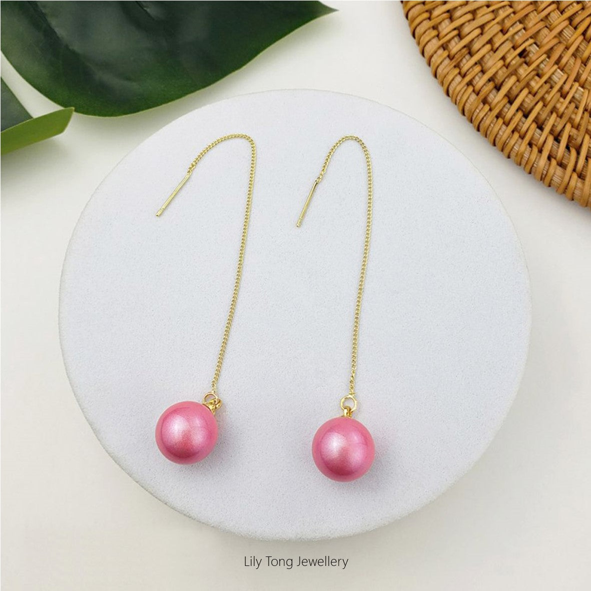 12mm Shell Pearl Drop Threader Earrings #T110 Pink