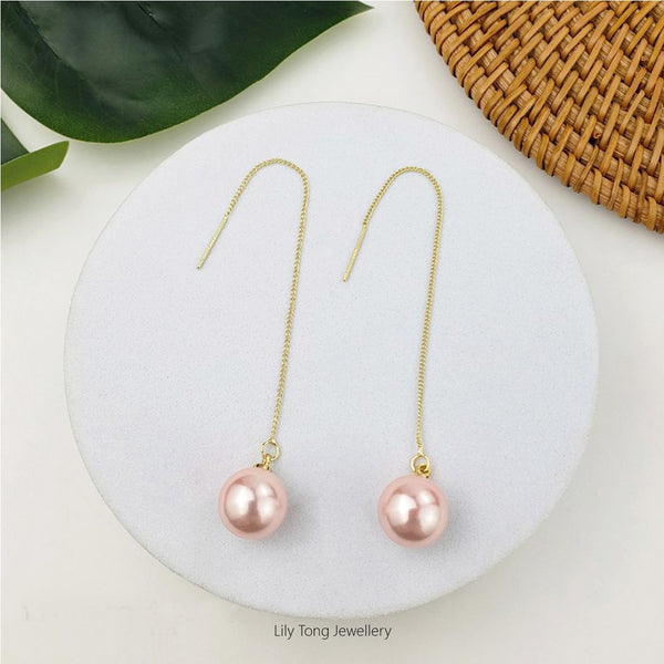 12mm Shell Pearl Drop Threader Earrings #T111 Baby Pink