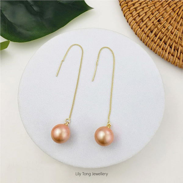 12mm Shell Pearl Drop Threader Earrings #T112 Apricot Pink