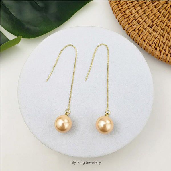 12mm Shell Pearl Drop Threader Earrings #T113 Light Apricot