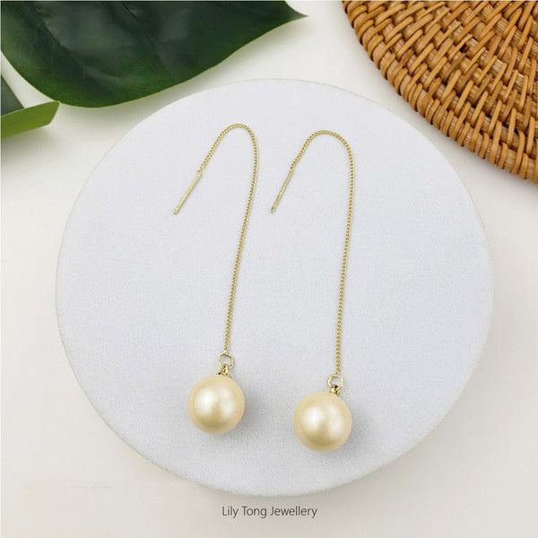 12mm Shell Pearl Drop Threader Earrings #T114 Light Cream