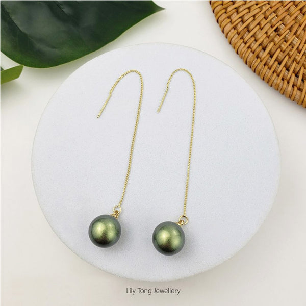 12mm Shell Pearl Drop Threader Earrings #T115 Dark Green