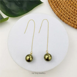 12mm Shell Pearl Drop Threader Earrings #T116 Olive Green