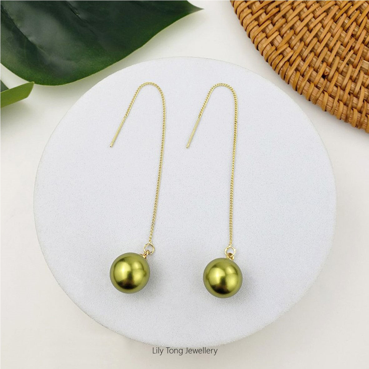 12mm Shell Pearl Drop Threader Earrings #T117 Fresh Green