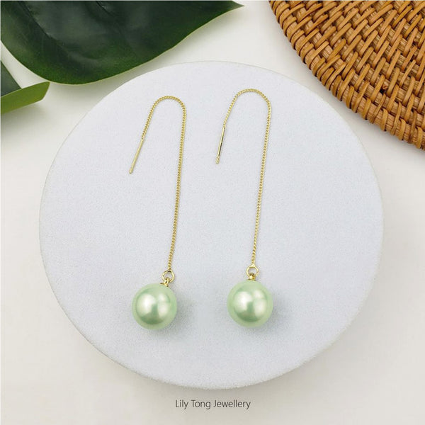 12mm Shell Pearl Drop Threader Earrings #T118 Mint Green