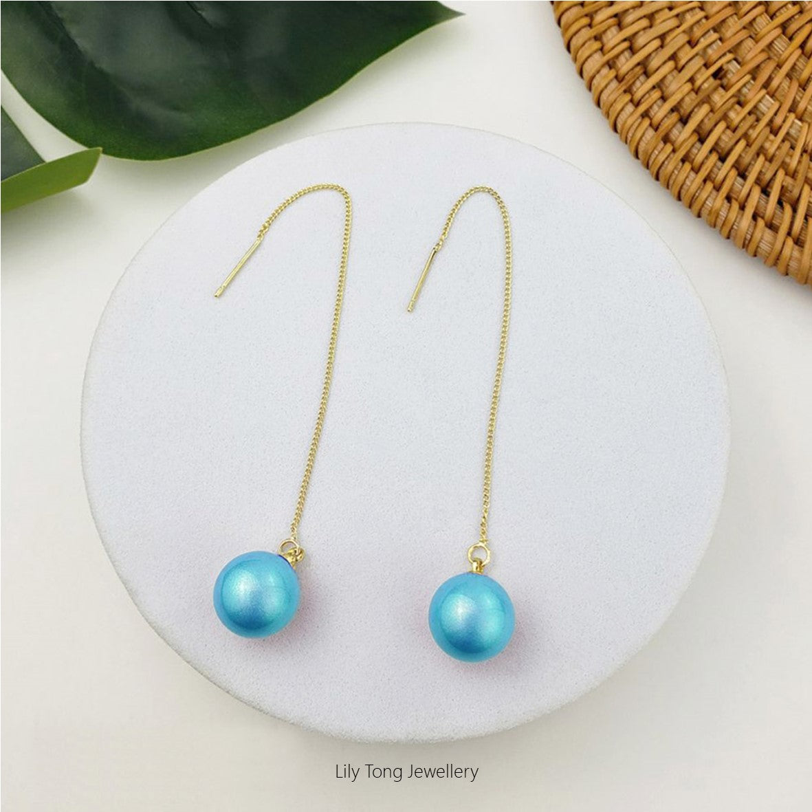 12mm Shell Pearl Drop Threader Earrings #T119 Sky Blue