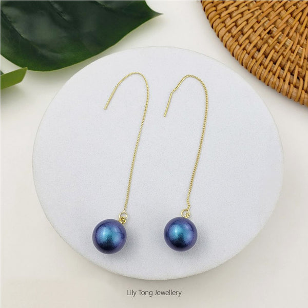 12mm Shell Pearl Drop Threader Earrings #T120 Peacock Blue