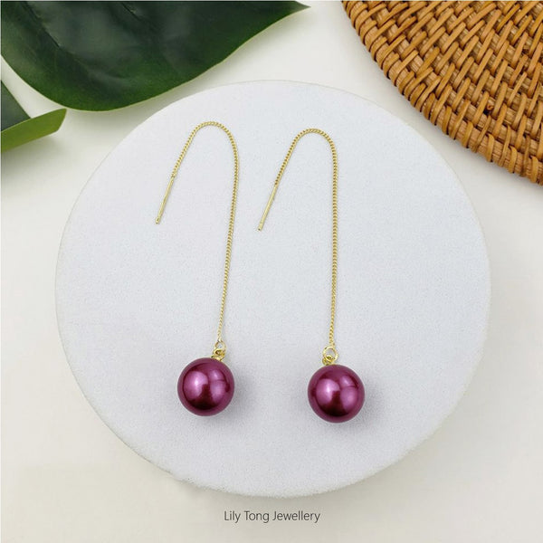 12mm Shell Pearl Drop Threader Earrings #T122 Red Violet